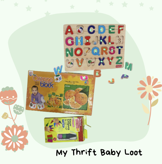 Set of Babyhug alphabet puzzle, picture blocks and finger crayons